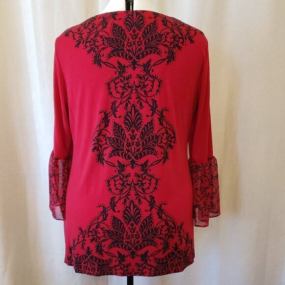 JM Collection Red Hot & Black Beaded Blouse Sheer Bell Sleeves, Size XL - Picture 2 of 9